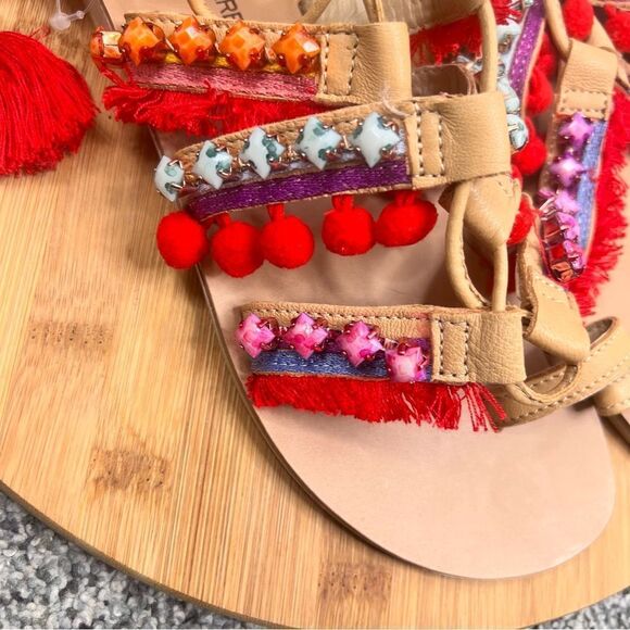 Sz 7.5 Barbara Barbieri Leather Lace Up Tassel Studded Pom Pom Strappy Sandals - Picture 6 of 13
